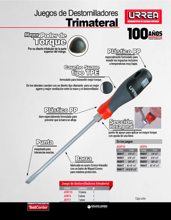 Juego de destornilladores con mango trimaterial combinados, 13 piezas en blister Urrea