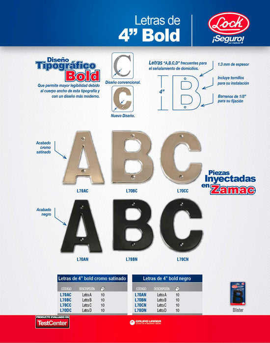 Letra D bold 4" cromo satinado Lock