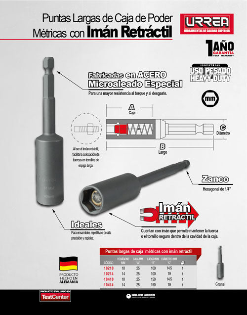 Punta de caja de poder con imán retráctil métrica hexágono de 1/4", 14 x 150 mm Urrea