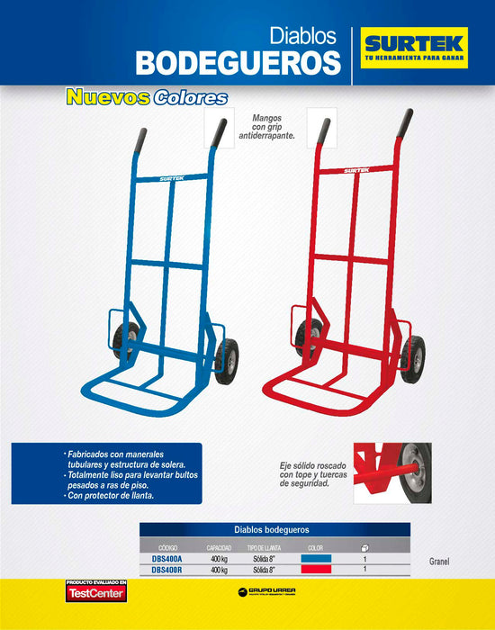 Diablo bodeguero capacidad 400 kg rojo con llanta sólida Surtek