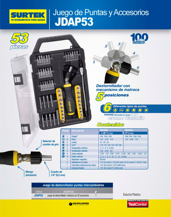 Juego de puntas y accesorios hexágono de 1/4", 53 piezas en caja plástica Surtek