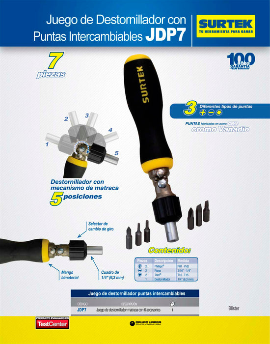 Juego de puntas y accesorios hexágono de 1/4", 7 piezas en blíster Surtek