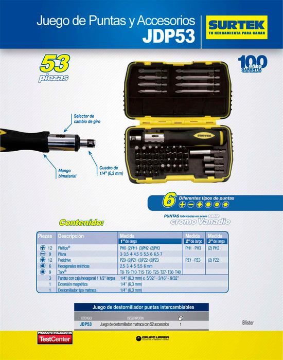 Juego de puntas y accesorios hexágono de 1/4", 53 piezas en blíster Surtek