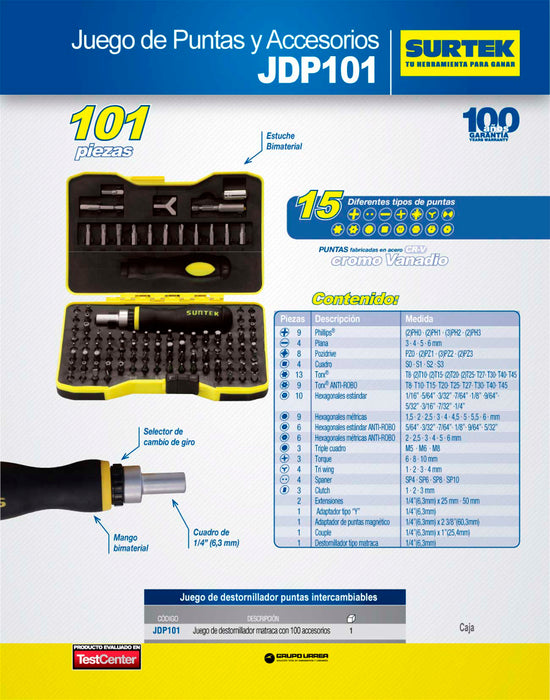 Juego de puntas y accesorios hexágono de 1/4", 101 piezas en caja plástica Surtek