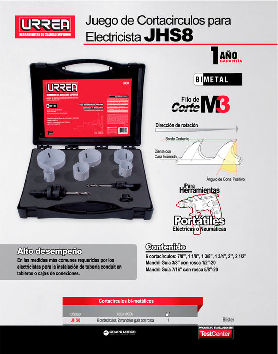 Juego de cortacírculos bimetálicos, 8 piezas Urrea