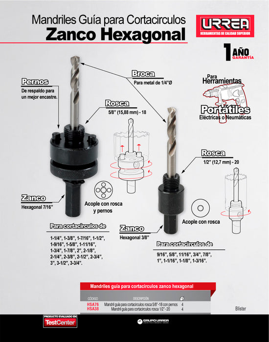 Mandril guía zanco hexagonal 7/16" Urrea