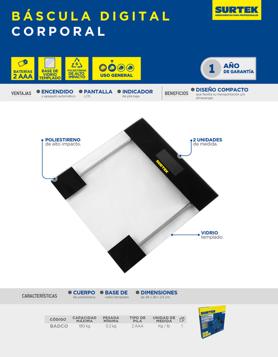 Báscula digital corporal 180 kg Surtek