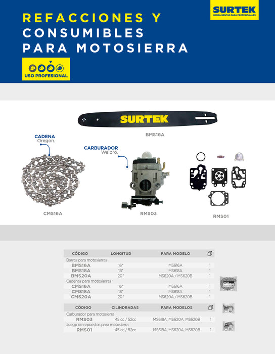 Carburador para motosierra 38cc, 45cc, 52cc Surtek
