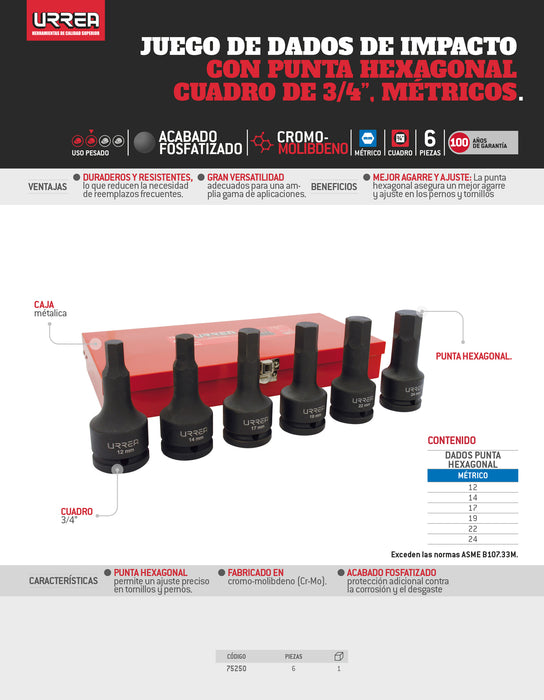 Juego de dados de impacto con punta hexagonal cuadro de 3/4", métricos, 6 piezas Urrea