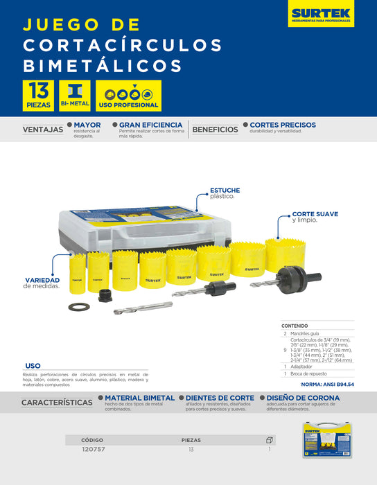 Juego de cortacírculos bimetálicos, 13 piezas Surtek