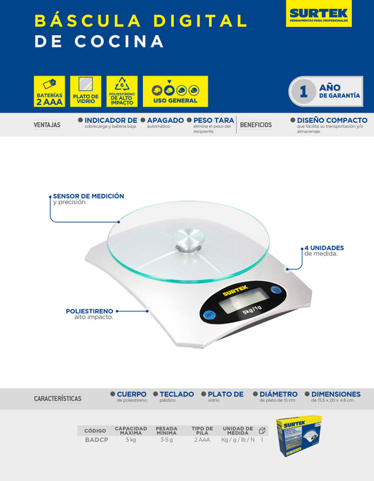 Báscula digital para cocina con plato 5 kg Surtek