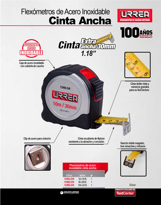 Flexómetro con carcasa de acero inoxidable 5 m x 30 mm Urrea
