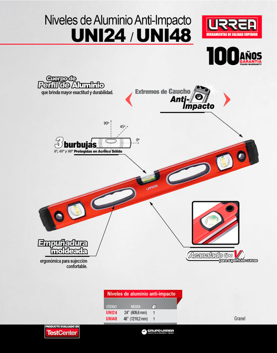 Nivel anti-impacto acanalado tipo "V" 48" de aluminio Urrea
