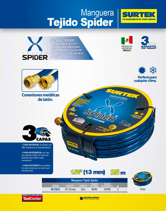 Manguera para jardín tejido spider con conector metálico 1/2", 25 m Surtek