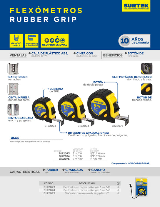 Flexómetro con carcasa rubber grip 3 m x 5/8" Surtek