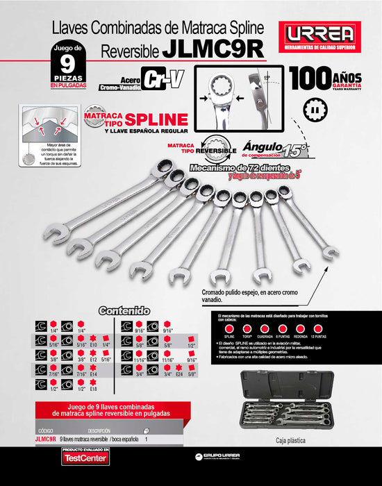 Juego de llaves combinadas pulido espejo de matraca spline rev en pulg,9 pz en caja plást Urrea