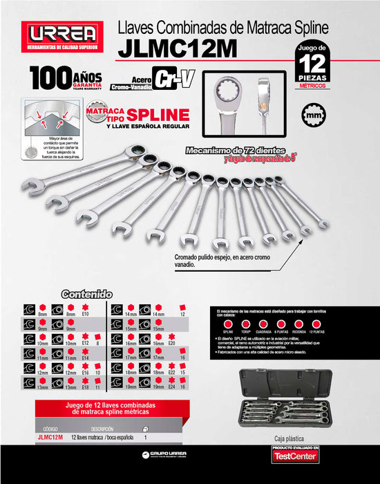 Juego de llaves combinadas pulido espejo de matraca spline mét,12 pts,12 pz en caja plást Urrea