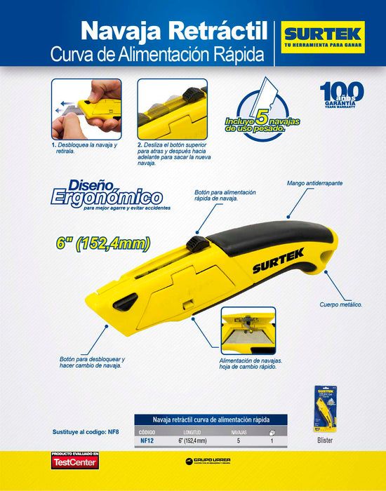 Navaja utilitaria retráctil reforzada con grip de 6" Surtek