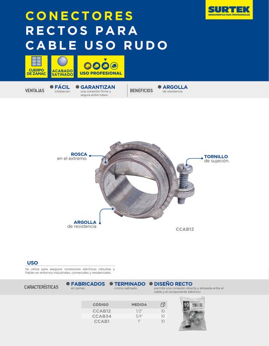 Conector recto para cable 1/2" Surtek