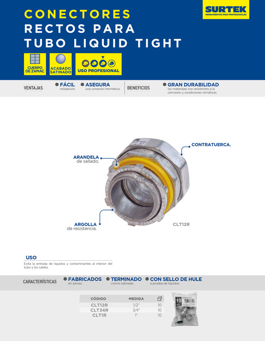 Conector recto para tubo liquid tight 1" Surtek