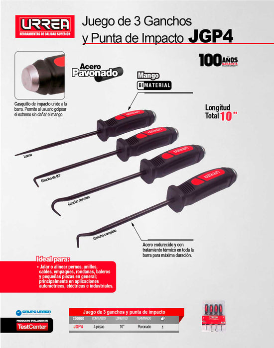 Juego de ganchos y puntas de impacto 10", 4 piezas Urrea