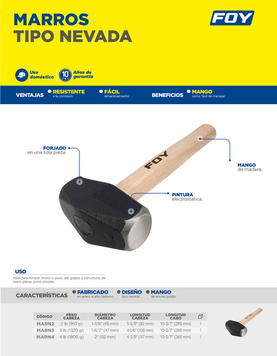Marro tipo nevada con mango corto de madera de 12", 4 lb Foy
