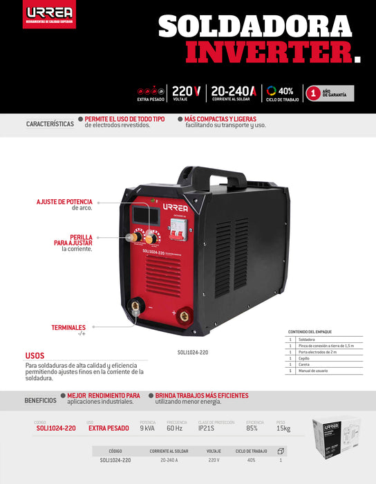 Soldadora inverter para electrodos de 1 fase 220 V, 240 A Urrea