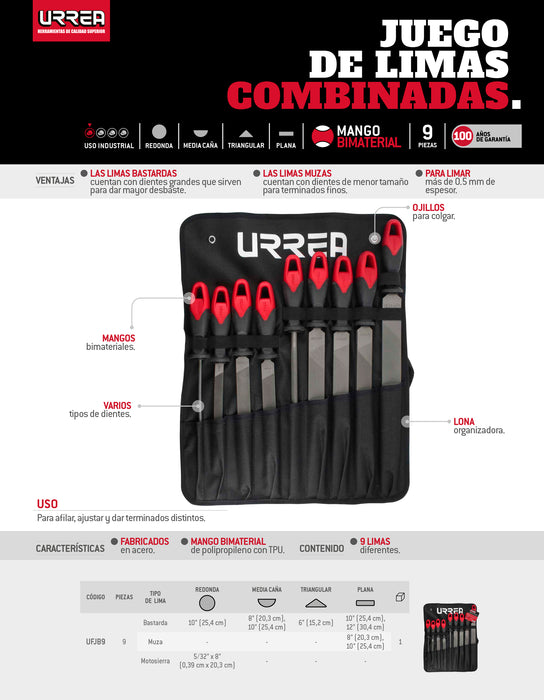 Juego de limas combinadas con mango bimaterial, 9 piezas Urrea