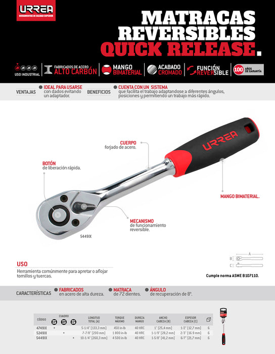 Matraca reversible con mango bimaterial, quick release, para dado cuadro de 1/2" Urrea