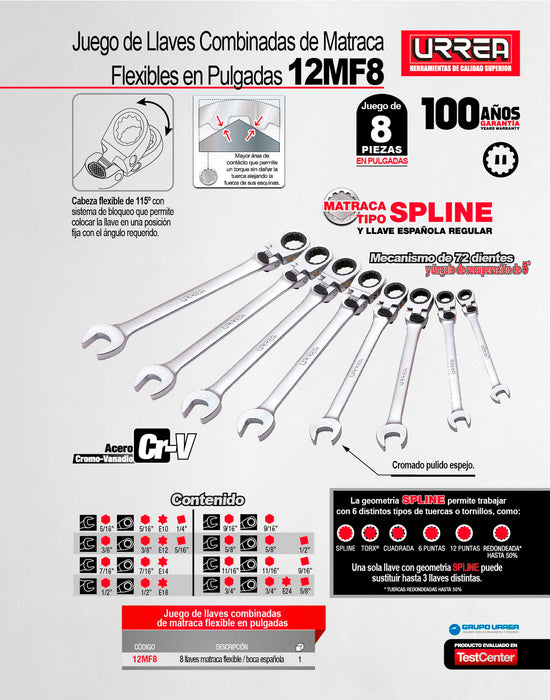 Juego de llaves combinadas pulido espejo flex de matraca spline en pulg,8 pz en caja plást Urrea