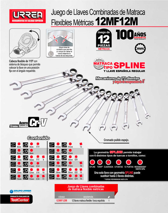 Juego de llaves combinadas pulido espejo flex de matraca spline mét,12 pz en caja plást Urrea