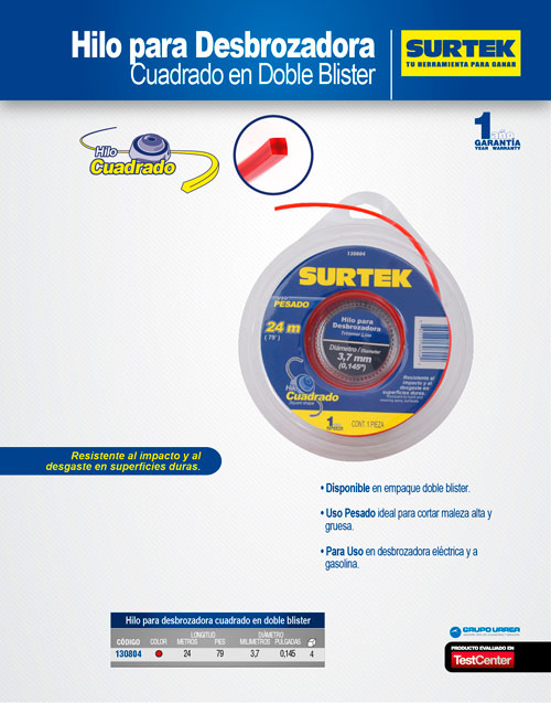 Nailon cuadrado para desbrozadora, 3.7 mm x 24 m Surtek