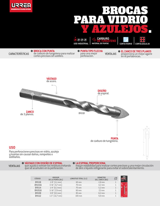 Broca para vidrios y azulejos de acero con cabeza de carburo de tungsteno 3/8" Urrea