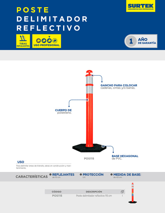 Poste delimitador con base y reflejante, 115 cm Surtek