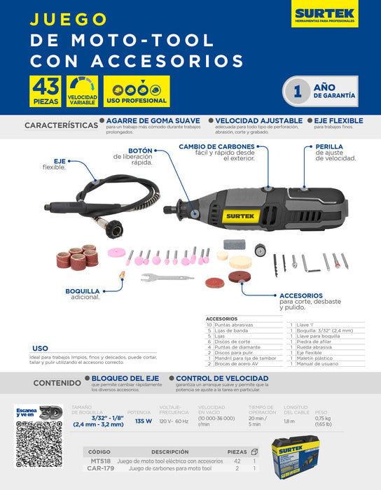 Juego de moto tool eléctrico 1/8" 135 W, 42 piezas. Surtek