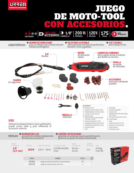 Juego de moto tool eléctrico 1/8" 200 W, 175 piezas. Urrea