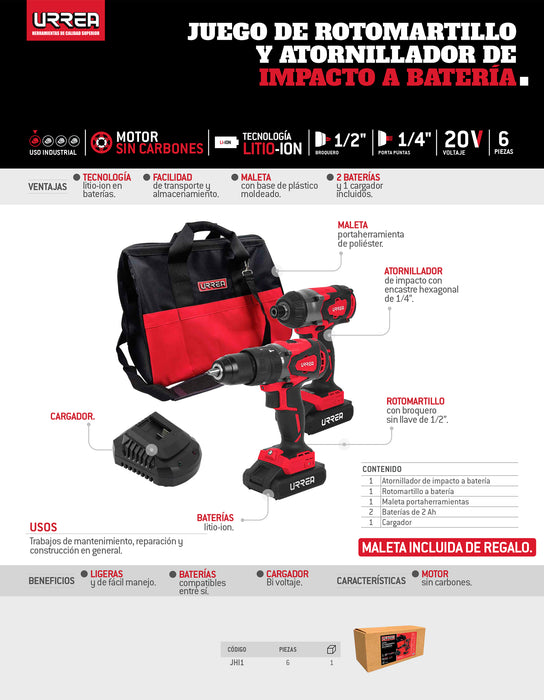 Juego de rotomartillo y atornillador de impacto a batería Li-ion 20 V, 2 piezas en mochila Urrea