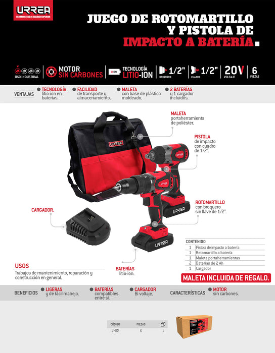Juego de rotomartillo y pistola de impacto a batería Li-ion 20 V, 2 piezas en mochila Urrea