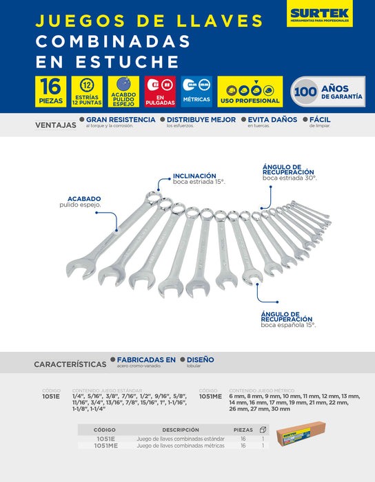 Juego de llaves combinadas pulido espejo en pulgadas, 12 puntas, 16 piezas en estuche Surtek