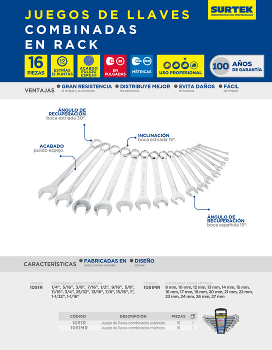 Juego de llaves combinadas pulido espejo métricas, 12 puntas, 16 piezas en rack Surtek