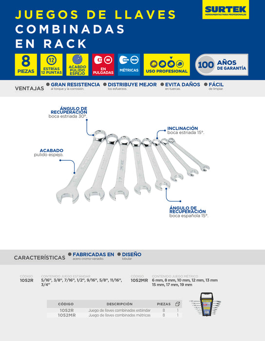 Juego de llaves combinadas pulido espejo en pulgadas, 12 puntas, 8 piezas en rack Surtek