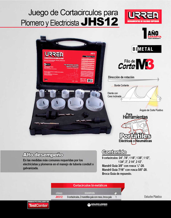 Juego de cortacírculos bimetálicos, 12 piezas Urrea