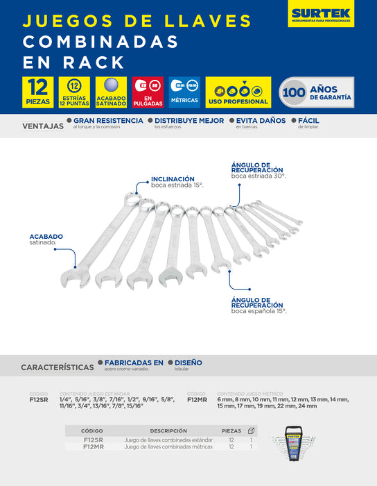 Juego de llaves combinadas satinadas métricas, 12 puntas, 12 piezas en rack Surtek