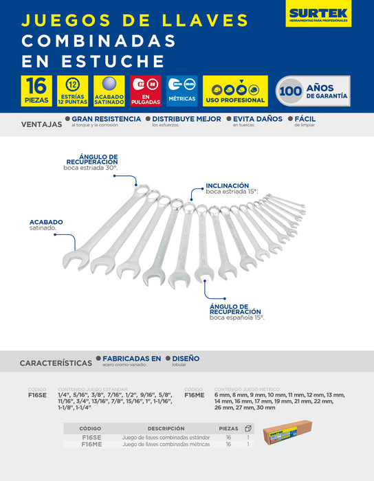 Juego de llaves combinadas satinadas métricas, 12 puntas, 16 piezas en estuche Surtek