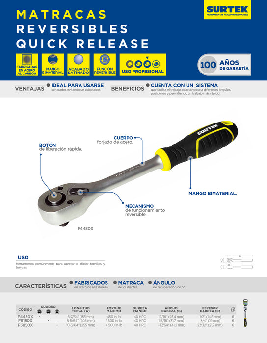Matraca reversible con mango bimaterial, quick release, para dado cuadro de 1/2" Surtek