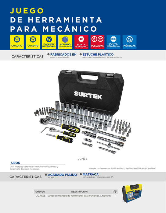 Juego combinado de herramienta para mecánico 106 piezas, con maletín plástico Surtek