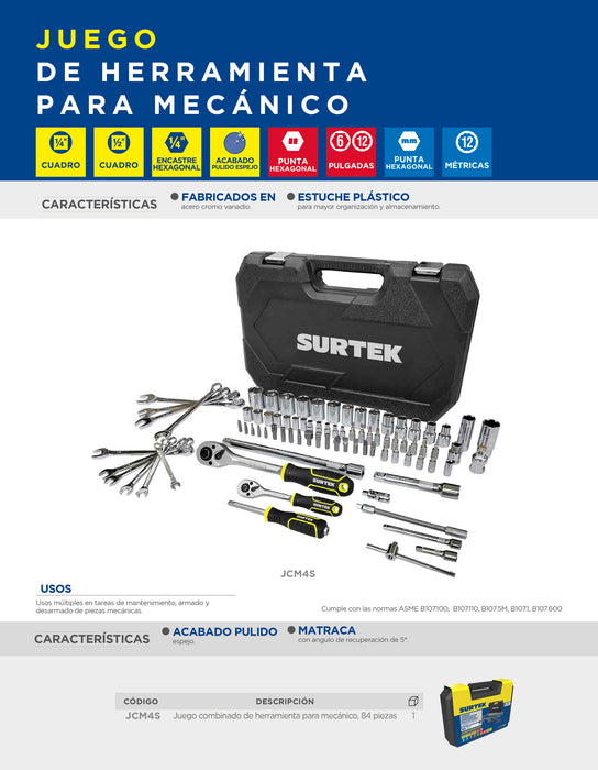 Juego combinado de herramienta para mecánico 84 piezas, con maletín plástico Surtek