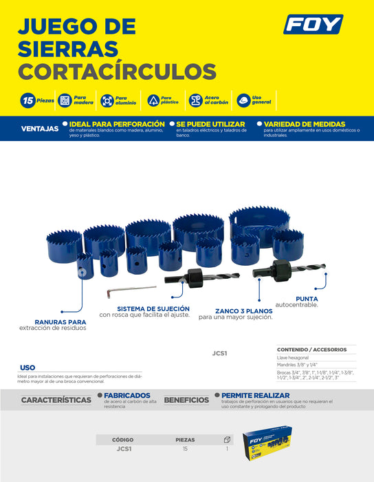 Juego de sierras cortaciruclos, 15 piezas Foy