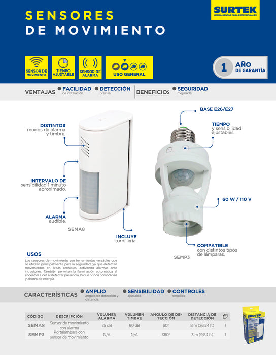 Sensor de movimiento con portalampara, 3m Surtek