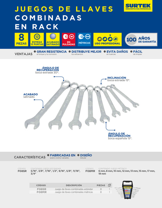 Juego de llaves combinadas satinadas métricas, 12 puntas, 8 piezas en rack Surtek